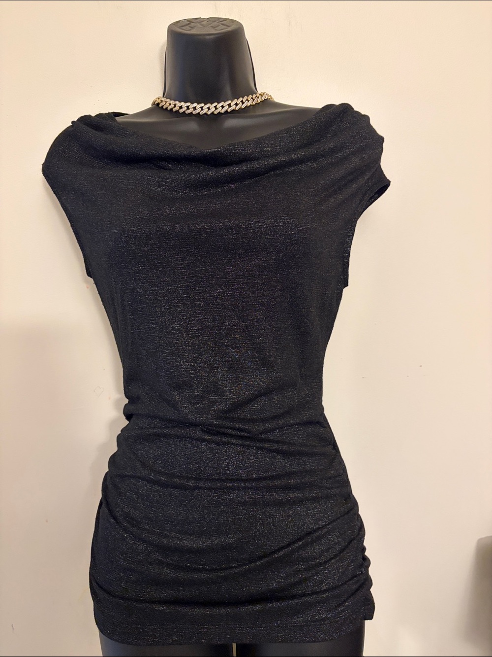 Express Black Shimmery Ruched Cowl Neck Top